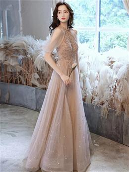 Picture of Champagne Tulle Haler Beaded Shiny Long Party Dresses, A-line Prom Dresses Evening Dresses